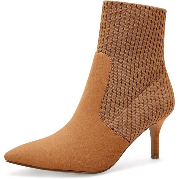 Shoes - Women's Light Brown Pointed Toe Stiletto Kitten Heel Knit Faux Suede Ankle Boots